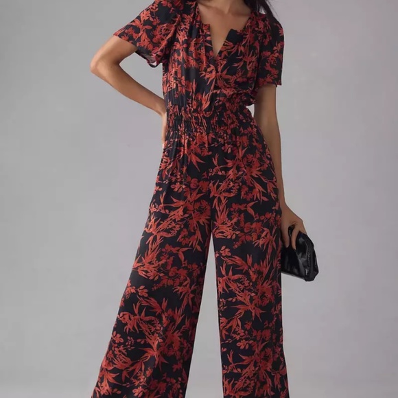 Anthropologie The Somerset Jumpsuit Satin Large Black Red Floral Print